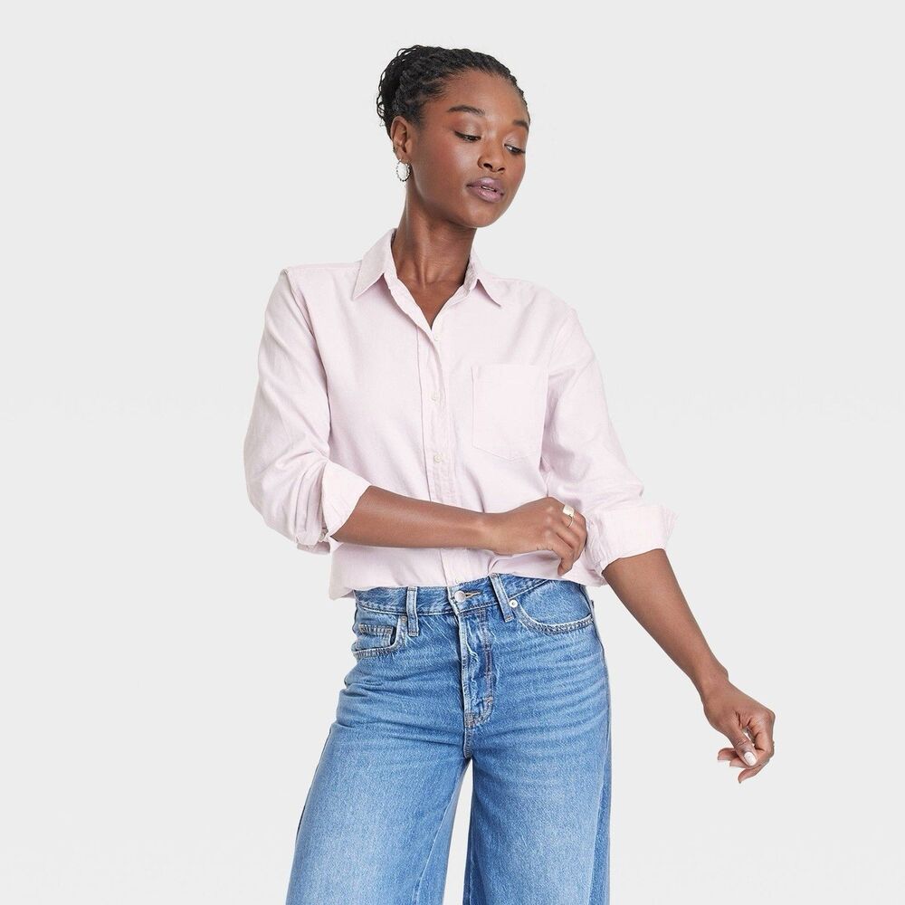Universal Thread L Pink Solid Classic Fit Collared Button Woven Cotton Shirt